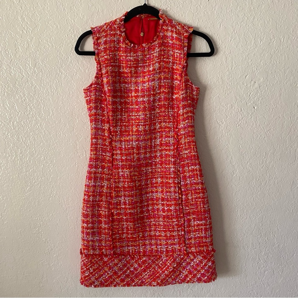 Elie Tahari 100% Cotton Andrea Seath Tweed Mini Dress Size 2 Vibrant Red Pockets - Picture 3 of 11